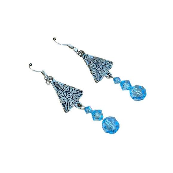 Whimsical Pewter like Blue Beaded Tree Dangle Pierced Earrings - Picture 2 of 4